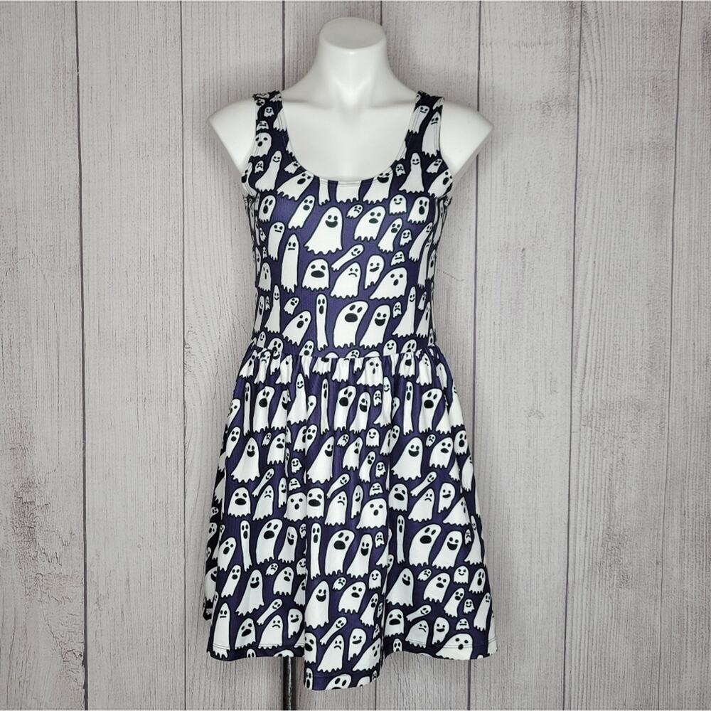Halloween Blue & White Ghost Fit & Flare Midi Dress, size Medium